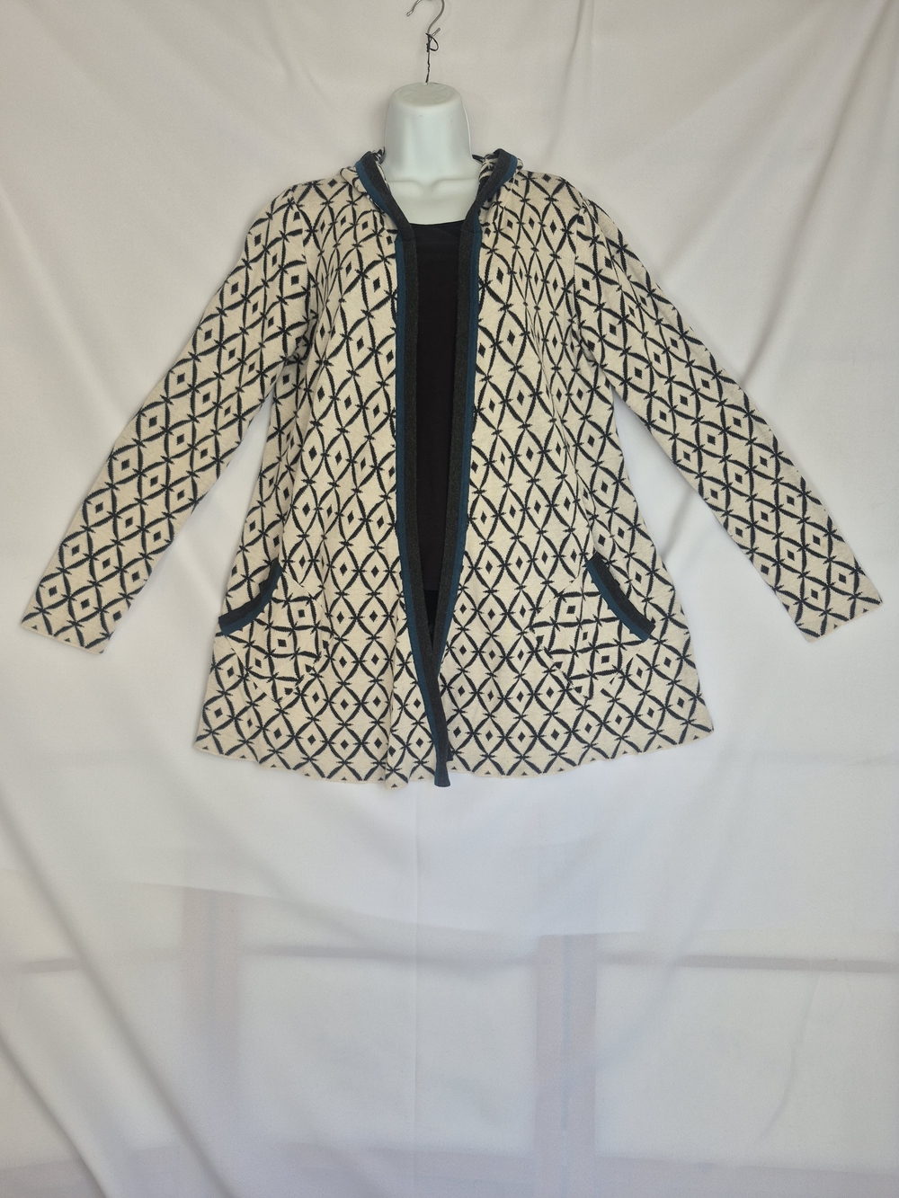 Belldini Cream and Black Geometric Open-Front Trench Coat